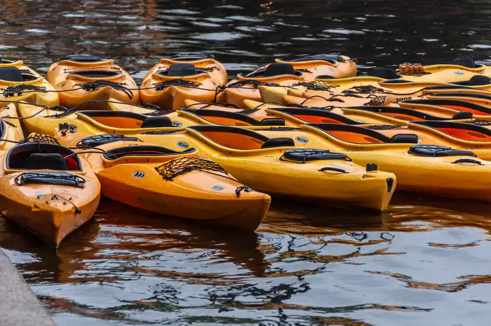 A row of colorful kayaks resting on a wooden dock